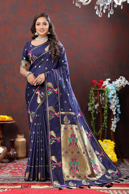 Load image into Gallery viewer, Elaborate Navy Blue Paithani Silk Saree With Quixotic Blouse Piece
