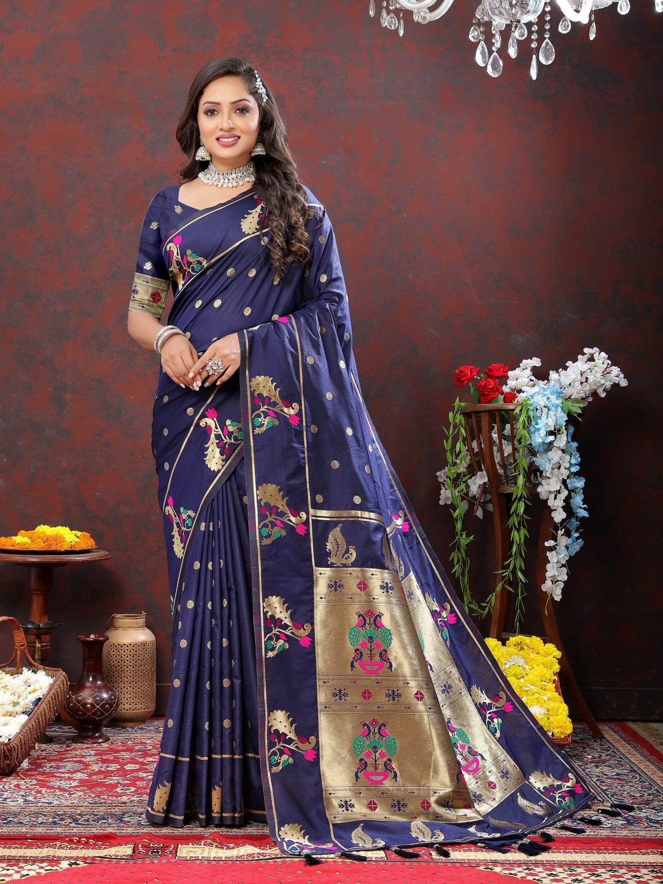 Elaborate Navy Blue Paithani Silk Saree With Quixotic Blouse Piece