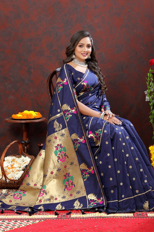 Load image into Gallery viewer, Elaborate Navy Blue Paithani Silk Saree With Quixotic Blouse Piece
