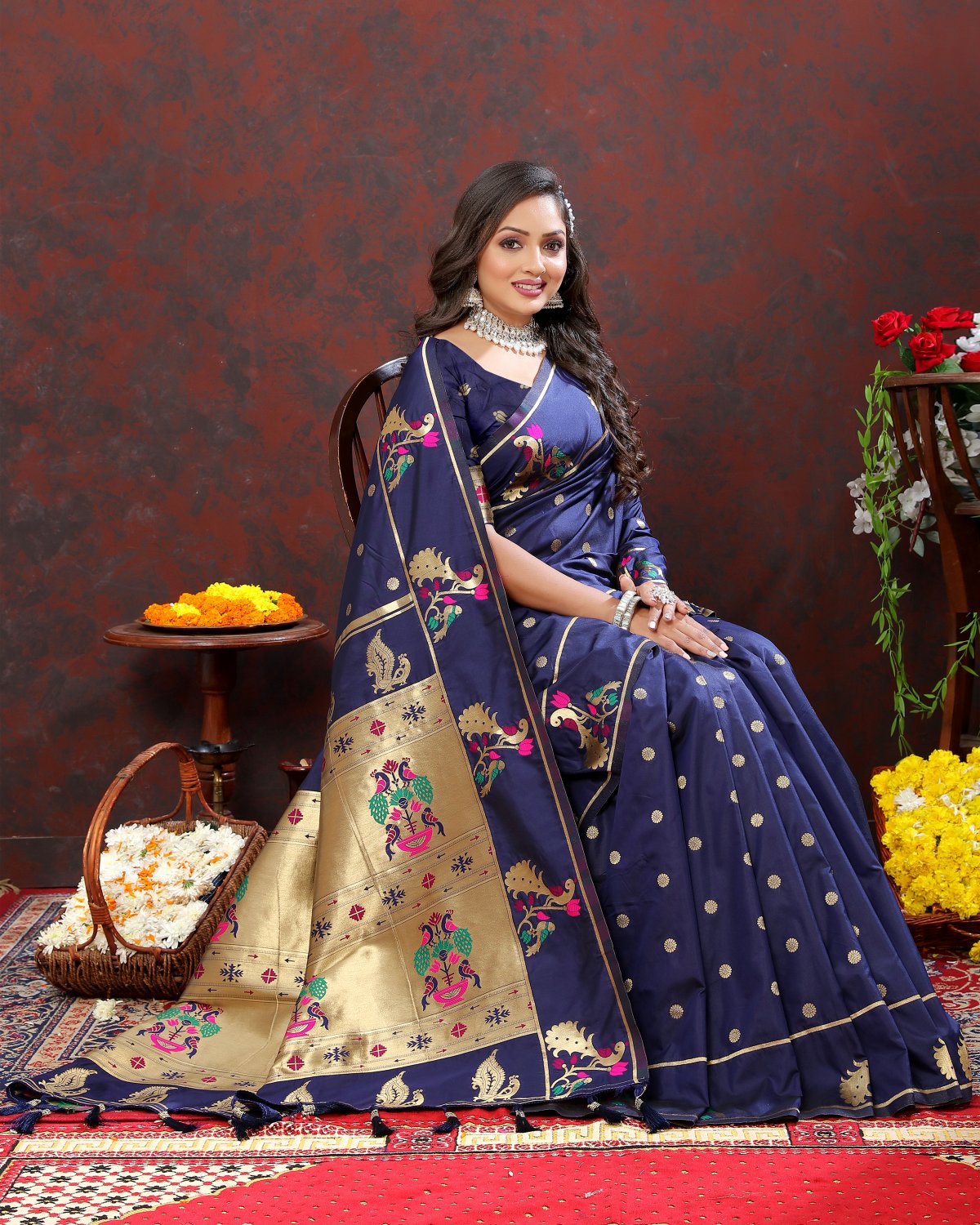 Elaborate Navy Blue Paithani Silk Saree With Quixotic Blouse Piece