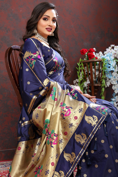 Load image into Gallery viewer, Elaborate Navy Blue Paithani Silk Saree With Quixotic Blouse Piece
