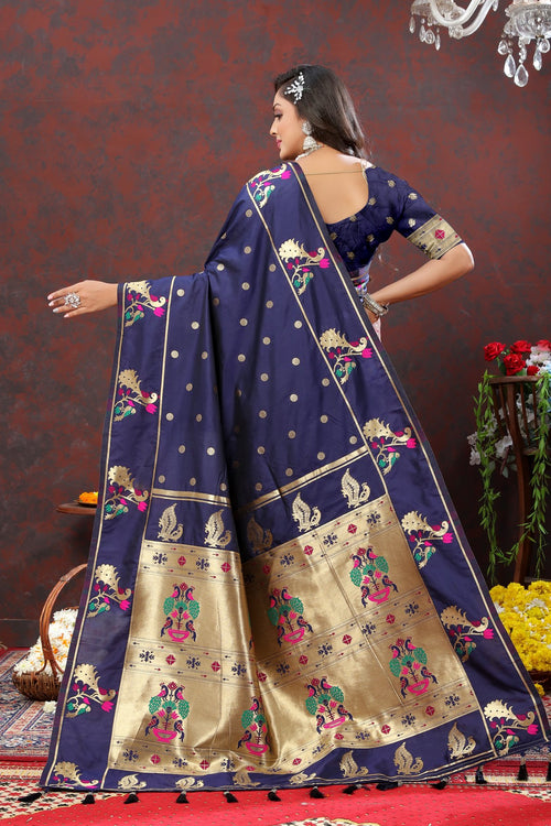 Load image into Gallery viewer, Elaborate Navy Blue Paithani Silk Saree With Quixotic Blouse Piece
