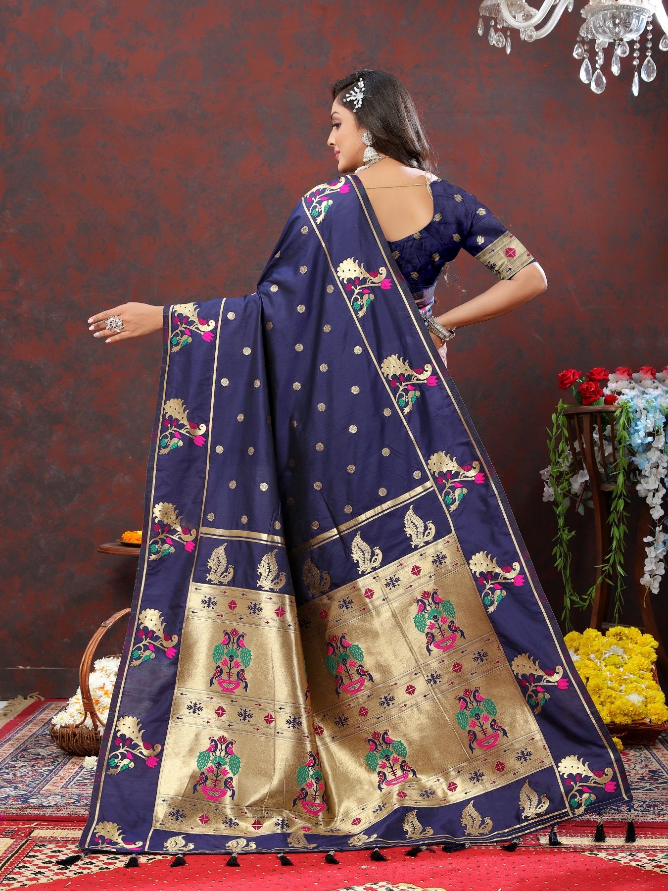 Elaborate Navy Blue Paithani Silk Saree With Quixotic Blouse Piece