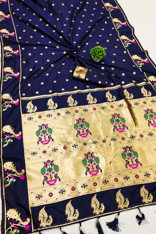 Load image into Gallery viewer, Elaborate Navy Blue Paithani Silk Saree With Quixotic Blouse Piece
