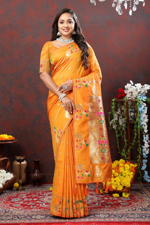 Load image into Gallery viewer, Improbable Orange Paithani Silk Saree With Verdant Blouse Piece
