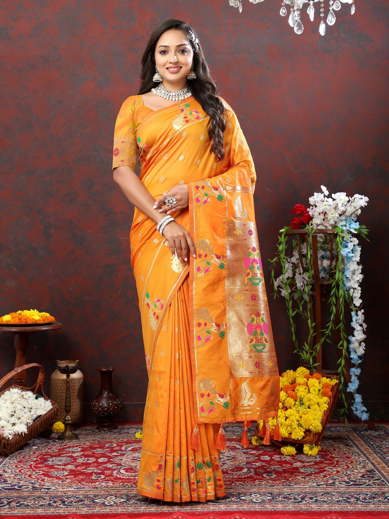 Improbable Orange Paithani Silk Saree With Verdant Blouse Piece