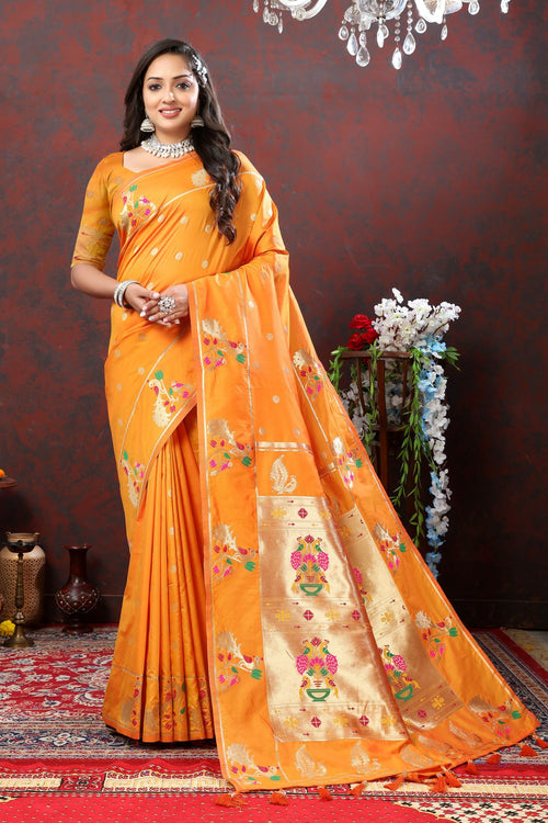 Load image into Gallery viewer, Improbable Orange Paithani Silk Saree With Verdant Blouse Piece
