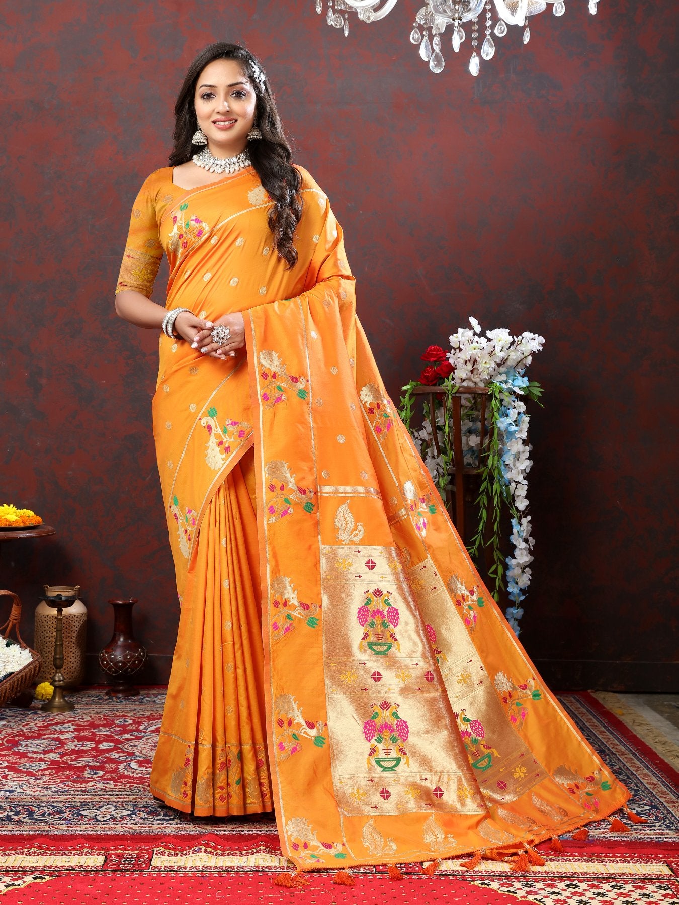 Improbable Orange Paithani Silk Saree With Verdant Blouse Piece