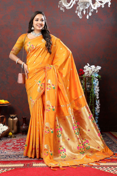 Load image into Gallery viewer, Improbable Orange Paithani Silk Saree With Verdant Blouse Piece
