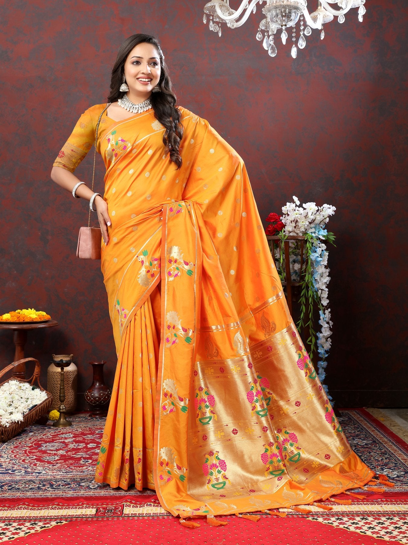 Improbable Orange Paithani Silk Saree With Verdant Blouse Piece