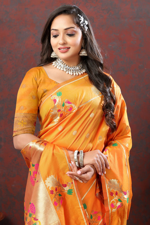 Load image into Gallery viewer, Improbable Orange Paithani Silk Saree With Verdant Blouse Piece
