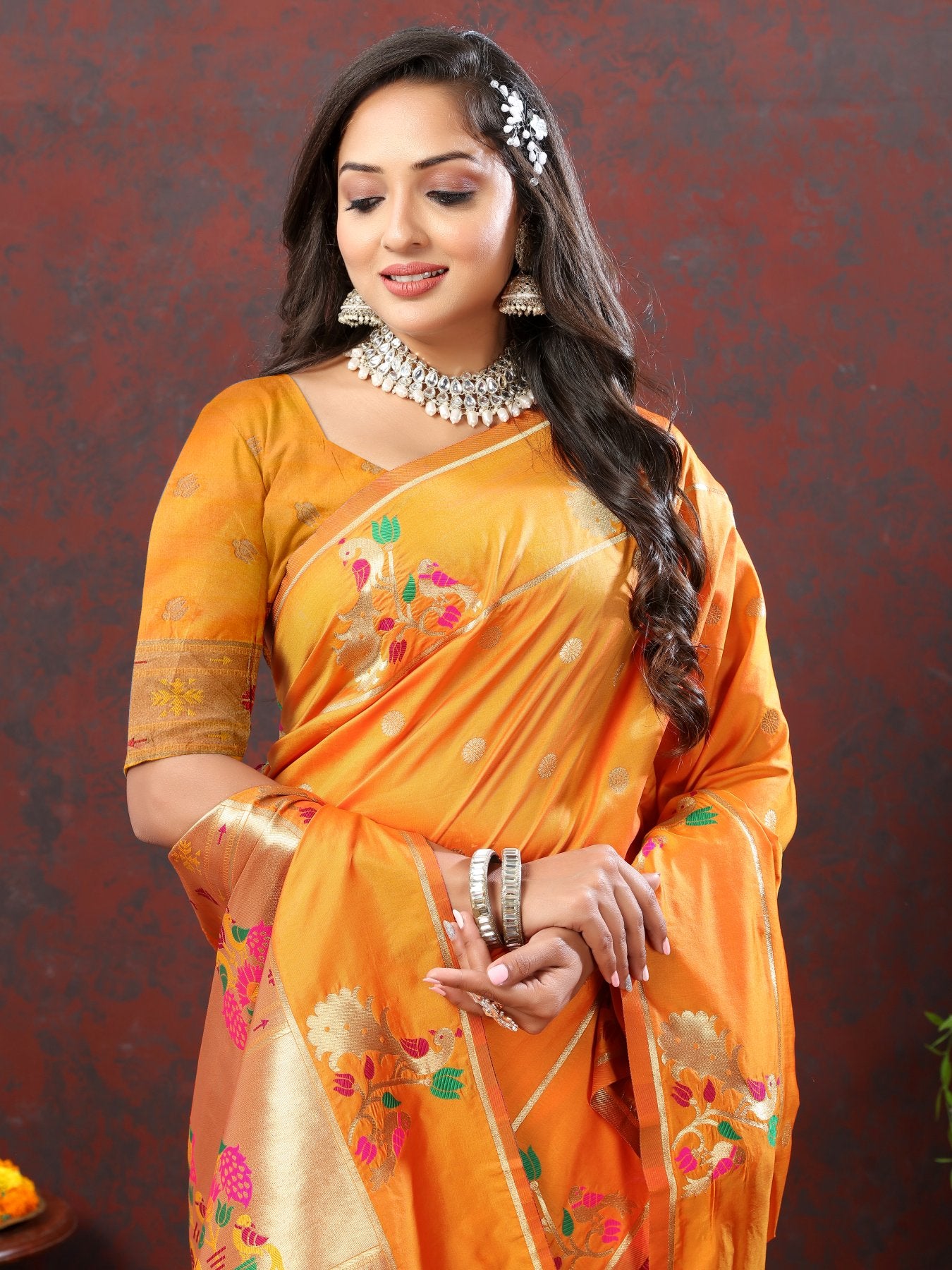 Improbable Orange Paithani Silk Saree With Verdant Blouse Piece