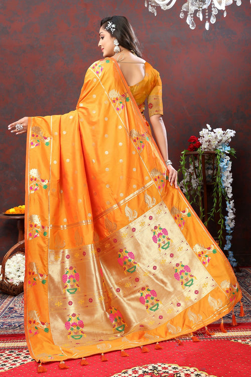 Load image into Gallery viewer, Improbable Orange Paithani Silk Saree With Verdant Blouse Piece
