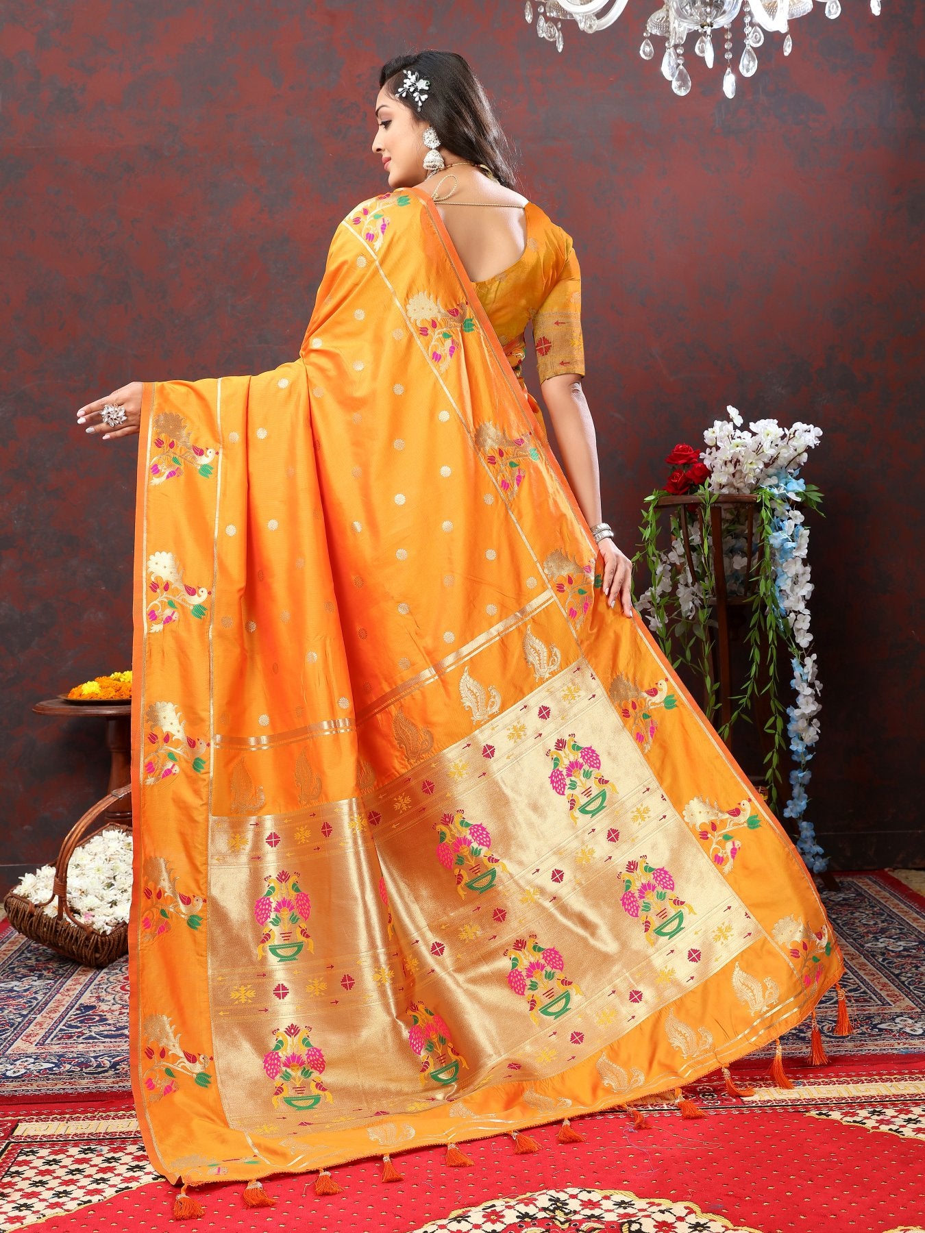 Improbable Orange Paithani Silk Saree With Verdant Blouse Piece