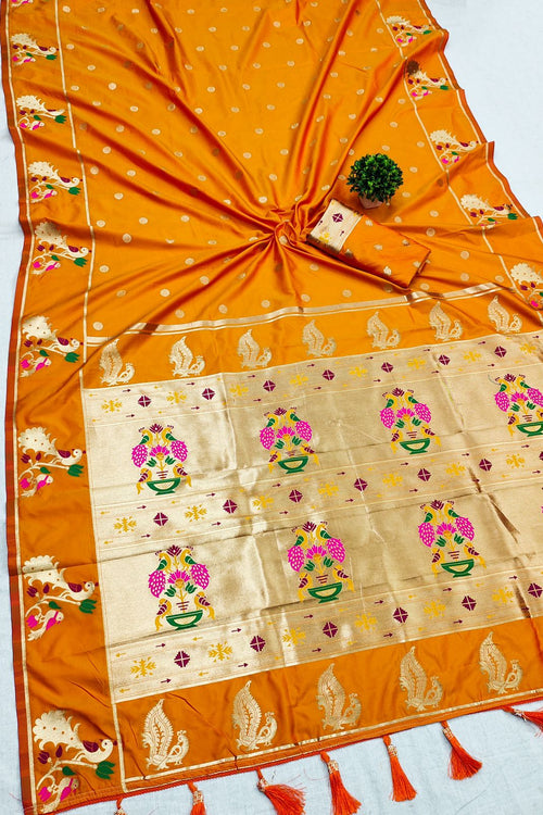 Load image into Gallery viewer, Improbable Orange Paithani Silk Saree With Verdant Blouse Piece
