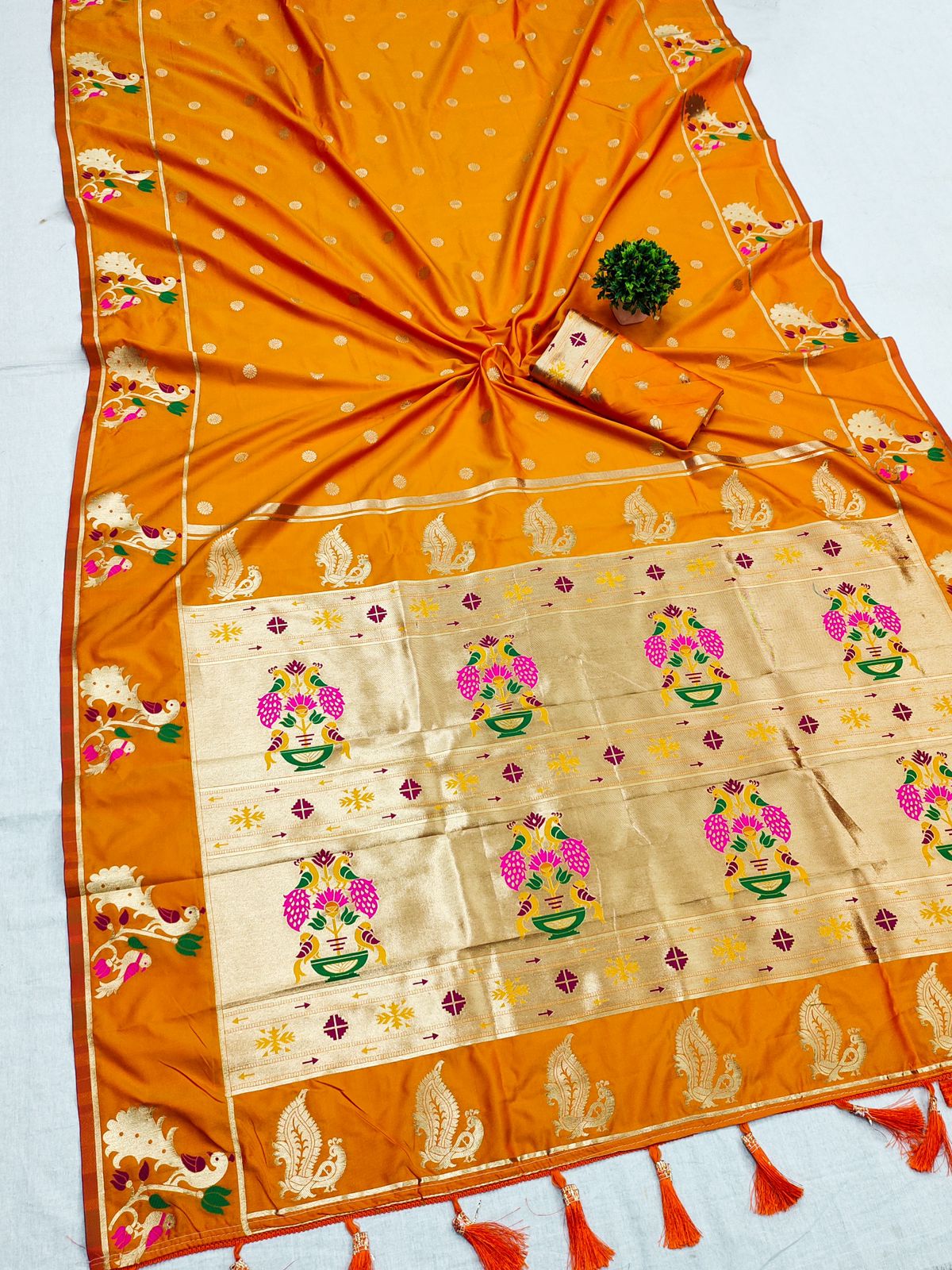 Improbable Orange Paithani Silk Saree With Verdant Blouse Piece