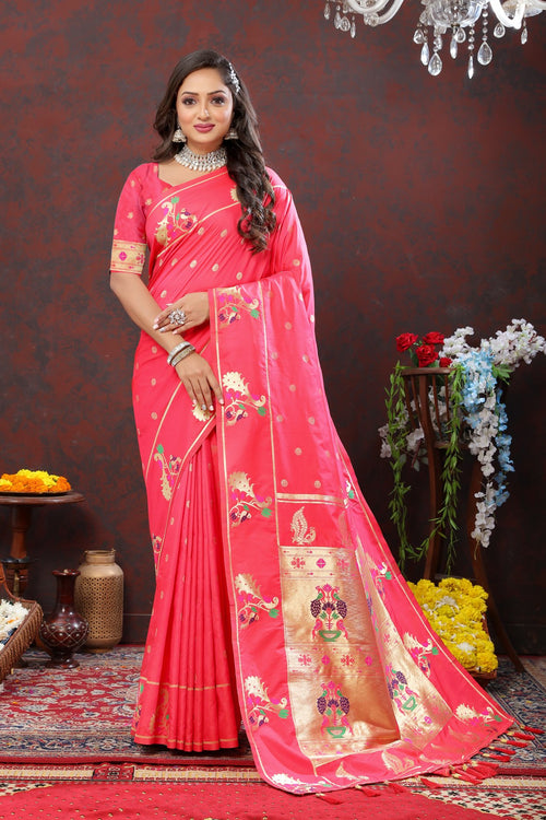 Load image into Gallery viewer, Magnificat Pink Paithani Silk Saree With Aplomb Blouse Piece
