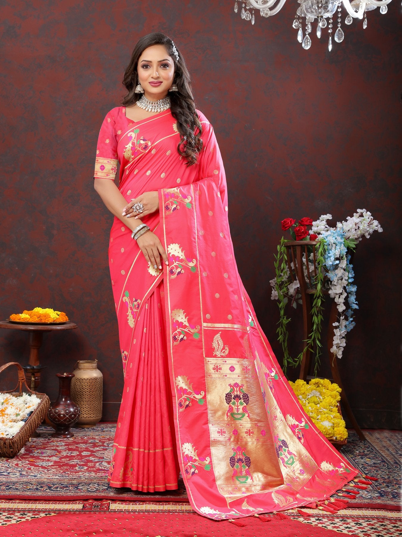 Magnificat Pink Paithani Silk Saree With Aplomb Blouse Piece