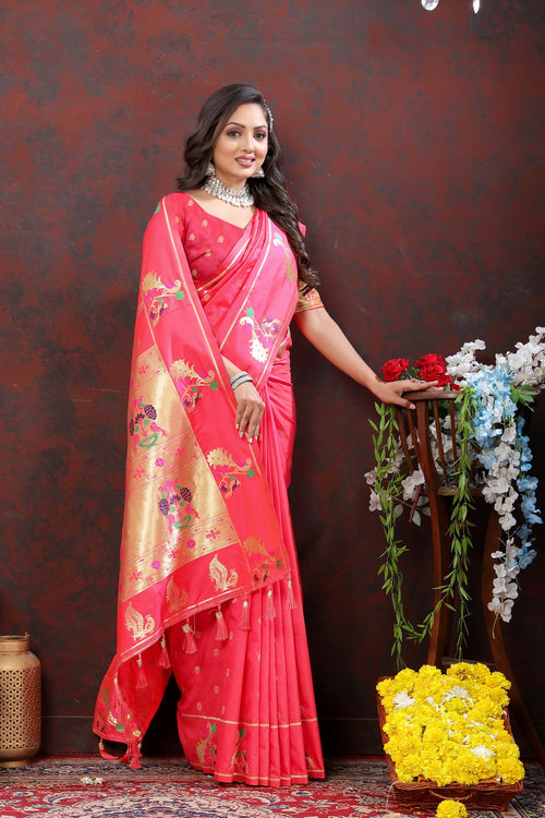 Load image into Gallery viewer, Magnificat Pink Paithani Silk Saree With Aplomb Blouse Piece
