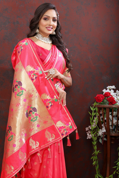 Load image into Gallery viewer, Magnificat Pink Paithani Silk Saree With Aplomb Blouse Piece
