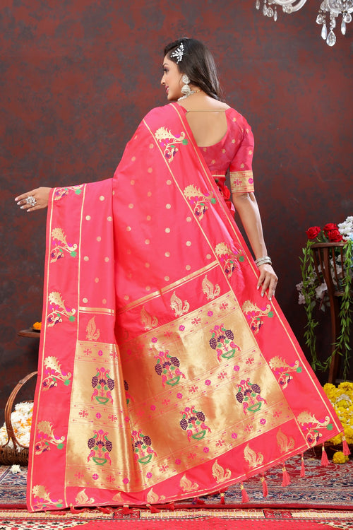 Load image into Gallery viewer, Magnificat Pink Paithani Silk Saree With Aplomb Blouse Piece
