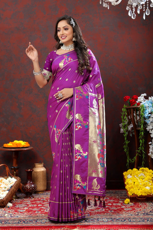 Load image into Gallery viewer, Prodigal Purple Paithani Silk Saree With Piquant Blouse Piece
