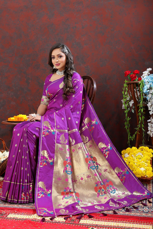 Load image into Gallery viewer, Prodigal Purple Paithani Silk Saree With Piquant Blouse Piece
