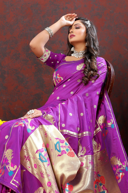 Load image into Gallery viewer, Prodigal Purple Paithani Silk Saree With Piquant Blouse Piece
