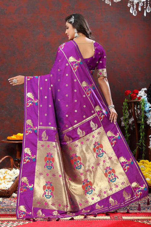 Load image into Gallery viewer, Prodigal Purple Paithani Silk Saree With Piquant Blouse Piece
