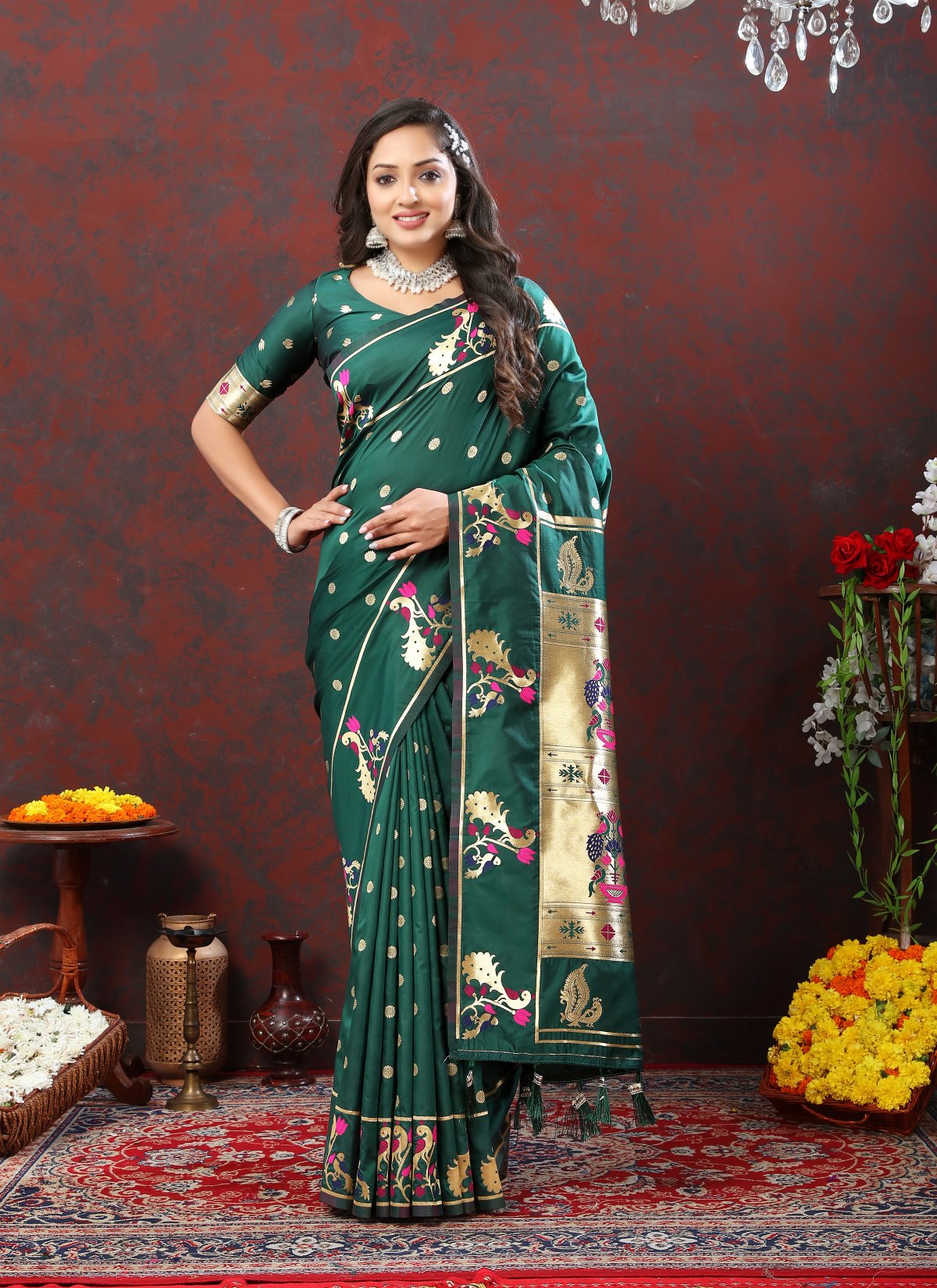 Luxuriant Rama Paithani Silk Saree With Opulent Blouse Piece