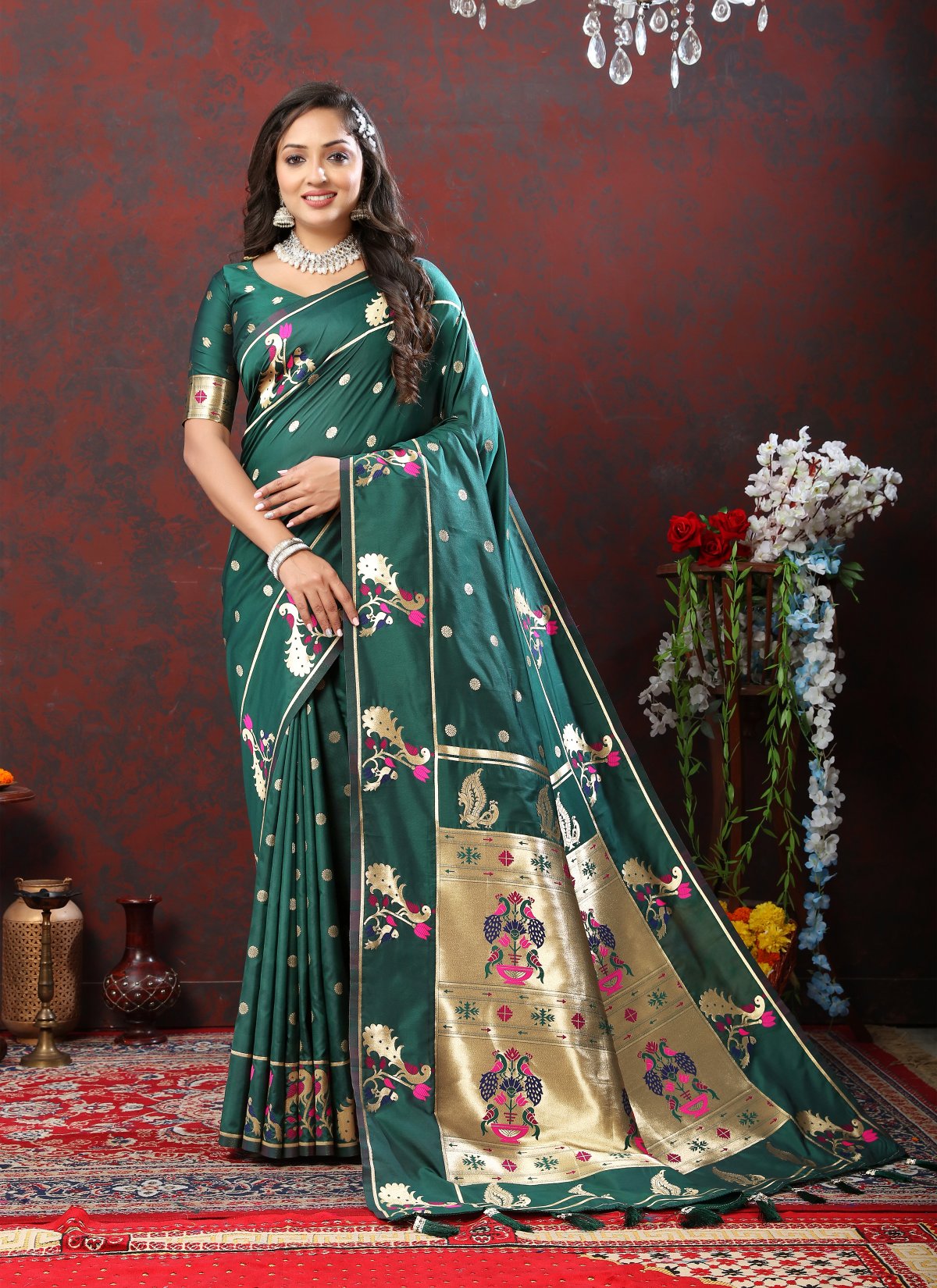 Luxuriant Rama Paithani Silk Saree With Opulent Blouse Piece