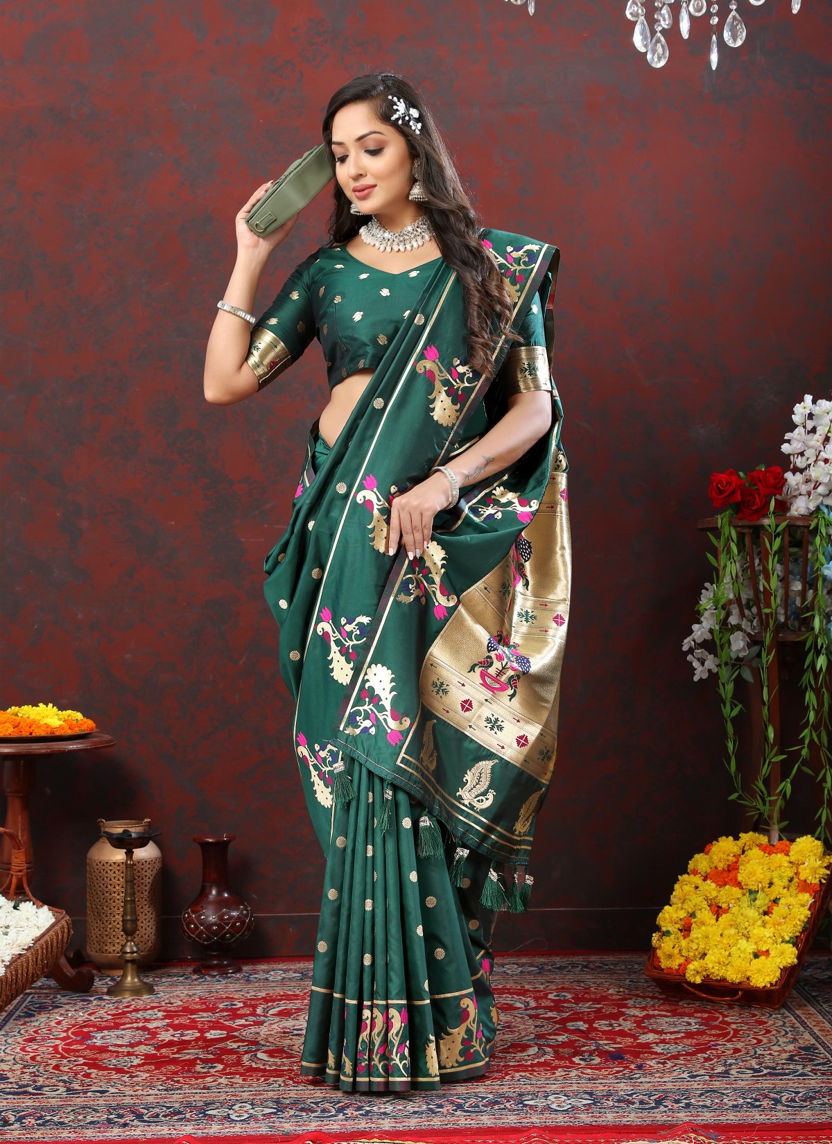 Luxuriant Rama Paithani Silk Saree With Opulent Blouse Piece