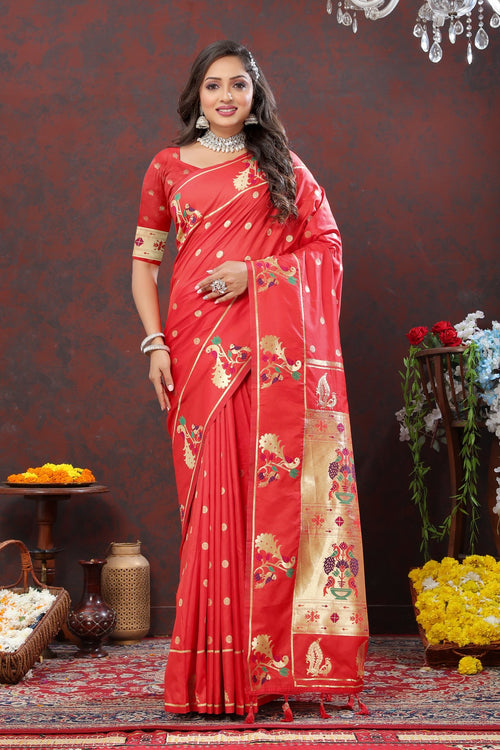 Load image into Gallery viewer, Engaging Red Paithani Silk Saree With Enamoring Blouse Piece
