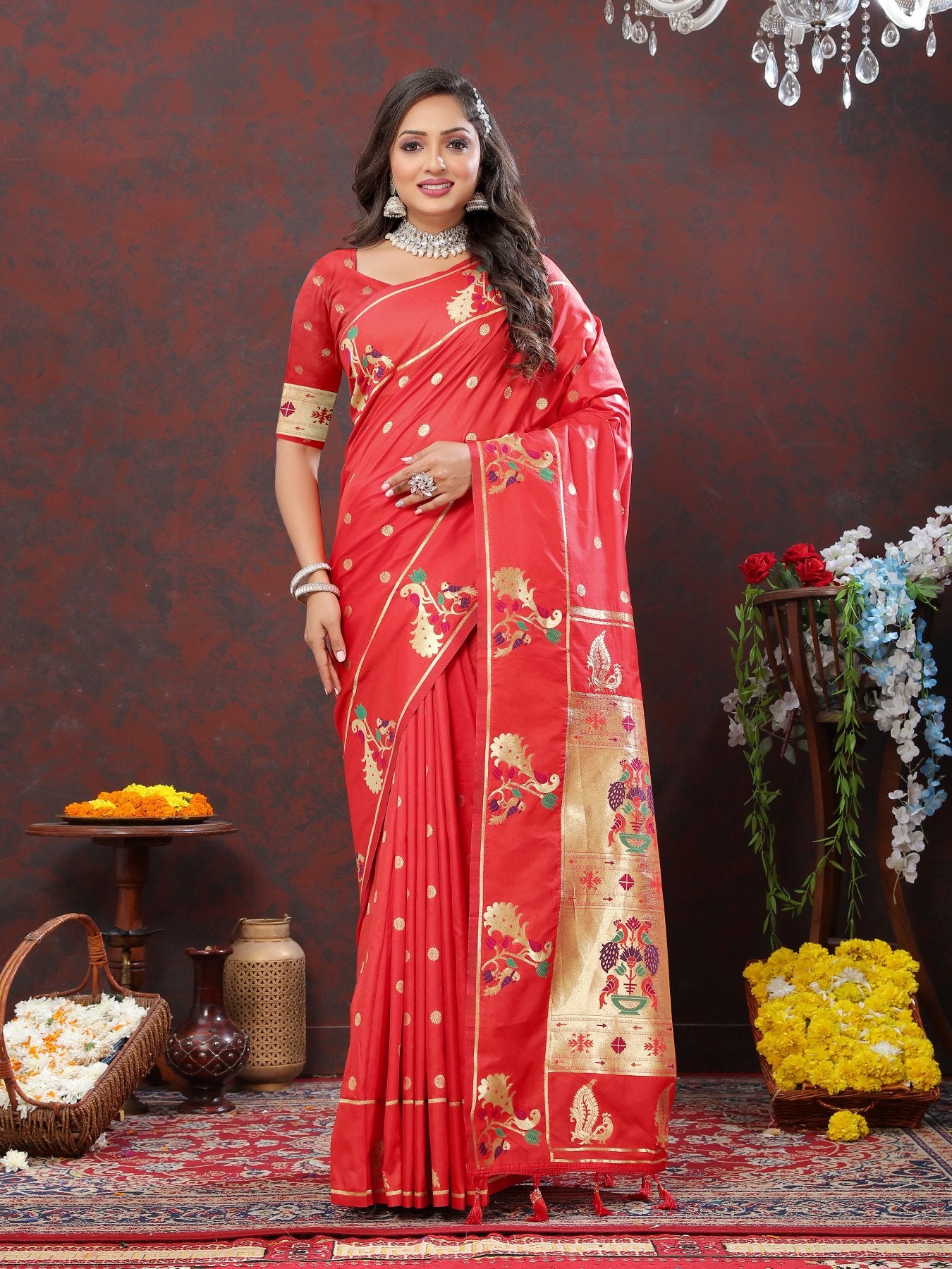 Engaging Red Paithani Silk Saree With Enamoring Blouse Piece