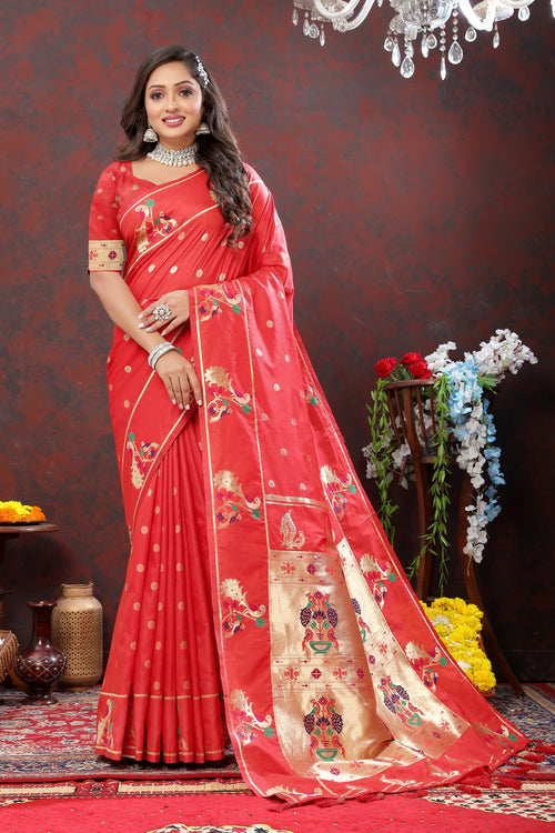 Load image into Gallery viewer, Engaging Red Paithani Silk Saree With Enamoring Blouse Piece
