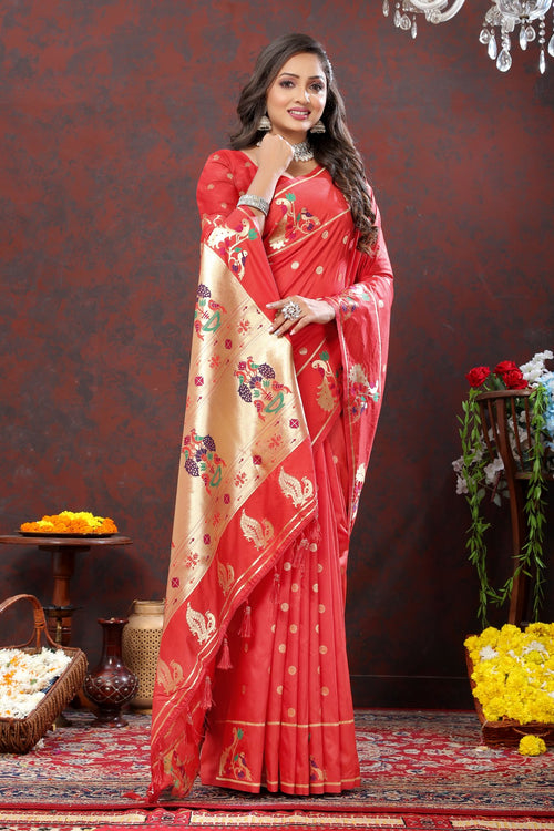 Load image into Gallery viewer, Engaging Red Paithani Silk Saree With Enamoring Blouse Piece
