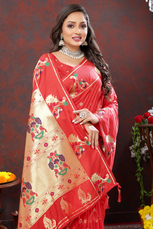 Load image into Gallery viewer, Engaging Red Paithani Silk Saree With Enamoring Blouse Piece
