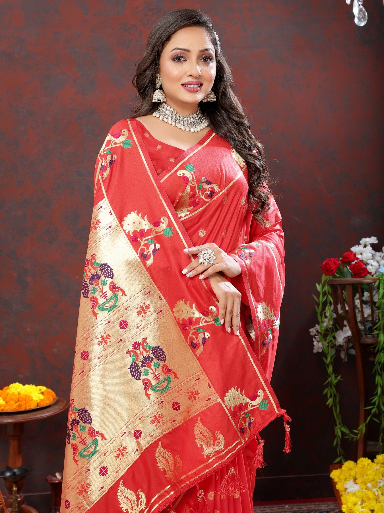 Engaging Red Paithani Silk Saree With Enamoring Blouse Piece