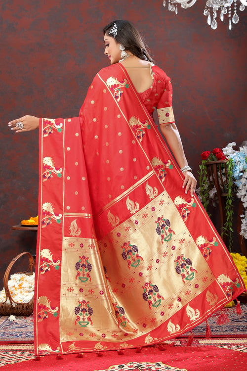 Load image into Gallery viewer, Engaging Red Paithani Silk Saree With Enamoring Blouse Piece
