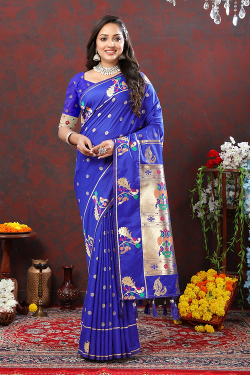 Load image into Gallery viewer, Profuse Royal Blue Paithani Silk Saree With Winsome Blouse Piece
