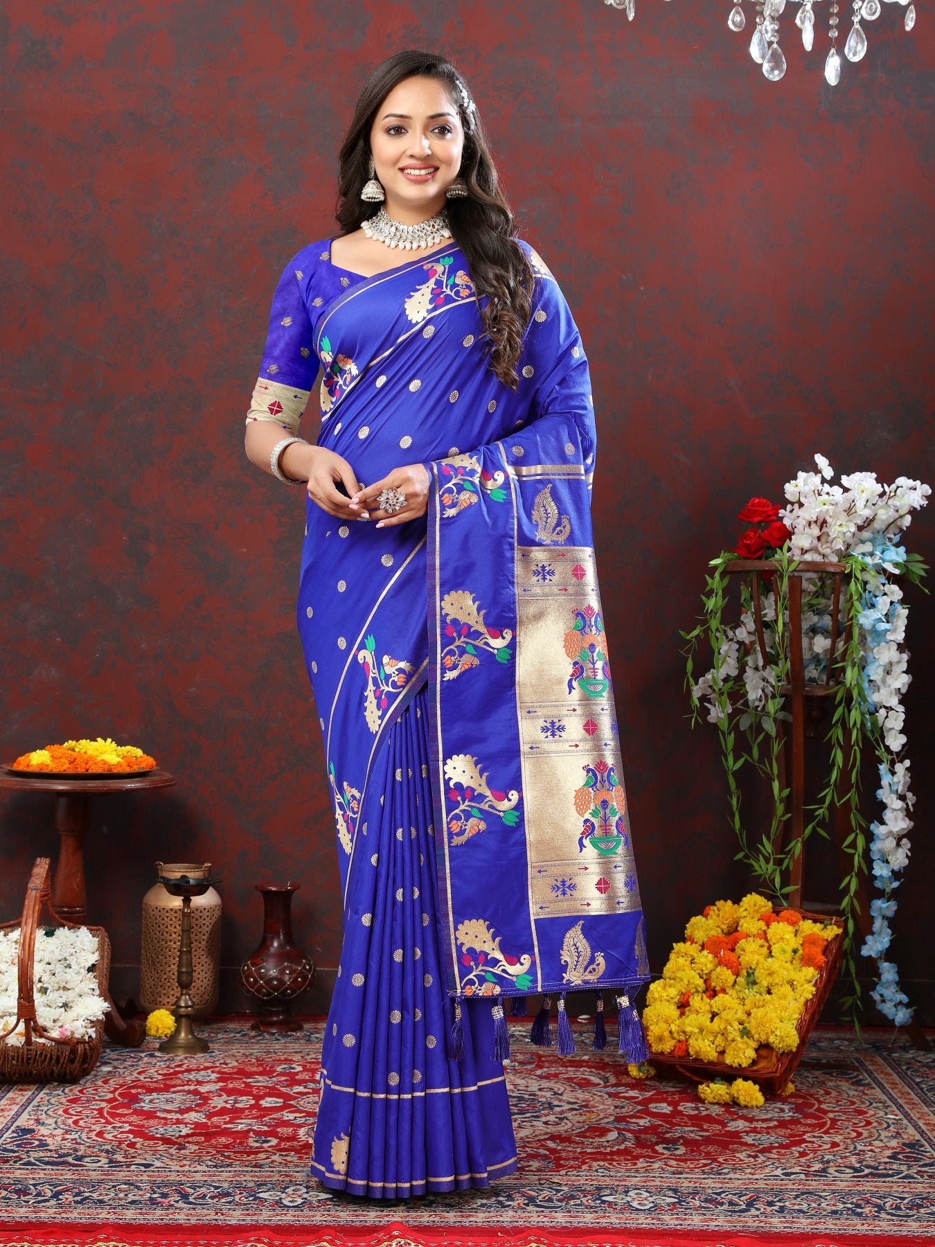 Profuse Royal Blue Paithani Silk Saree With Winsome Blouse Piece