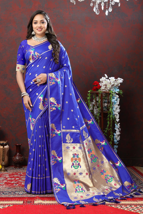 Load image into Gallery viewer, Profuse Royal Blue Paithani Silk Saree With Winsome Blouse Piece
