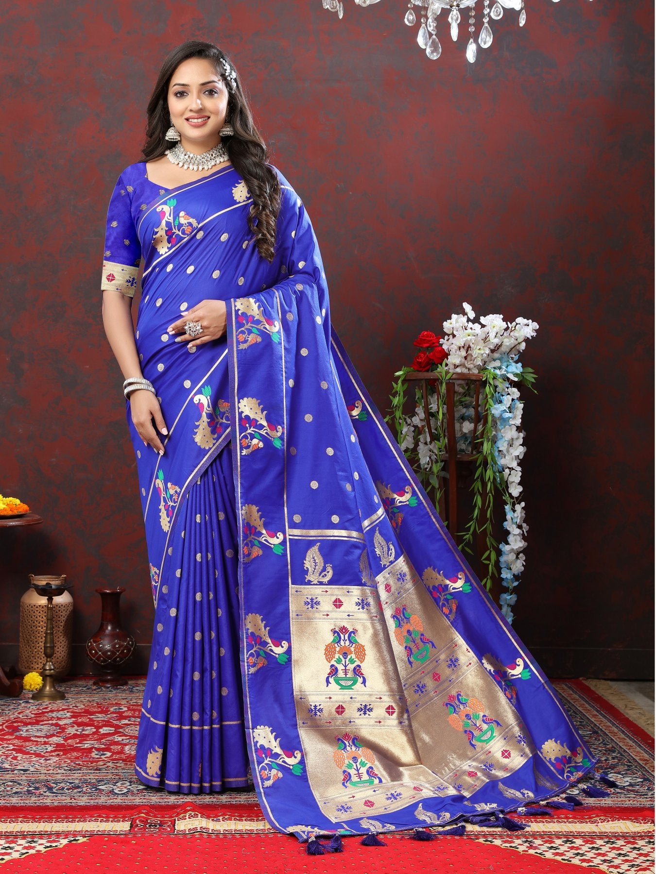 Profuse Royal Blue Paithani Silk Saree With Winsome Blouse Piece