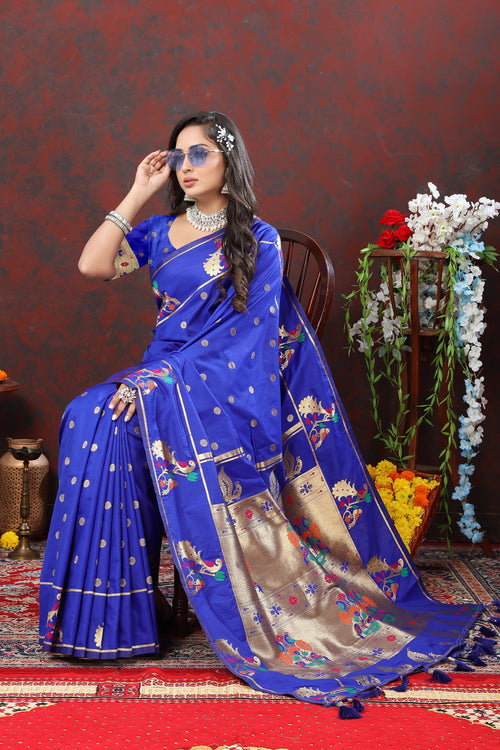 Load image into Gallery viewer, Profuse Royal Blue Paithani Silk Saree With Winsome Blouse Piece
