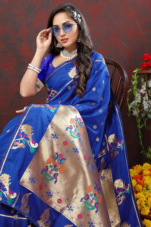 Royal blue color paithani silk saree with weaving work