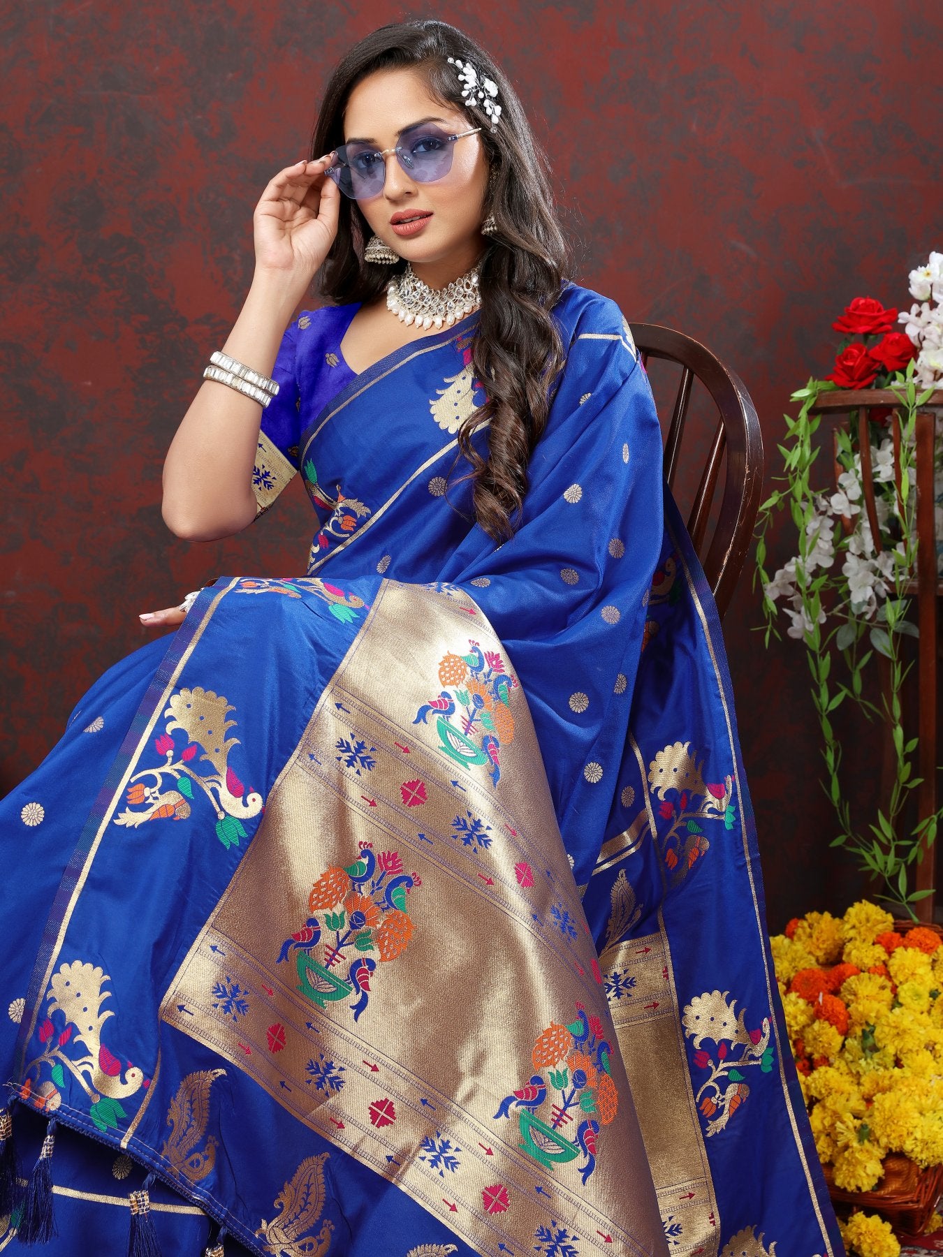 Varkala Silk Sarees Royal Blue Kadiyal Soft Silk Maharani Paithani Saree  With Blouse Piece