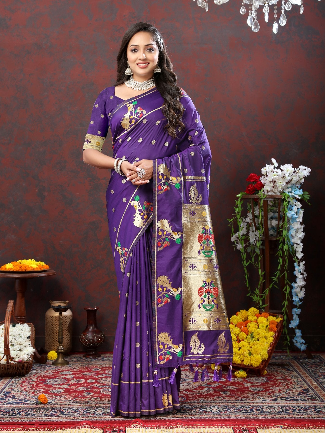 Charismatic Violet Paithani Silk Saree With Splendorous Blouse Piece