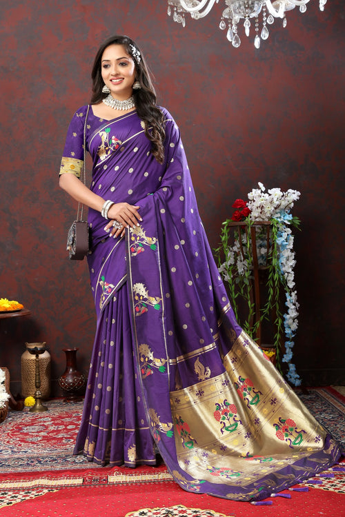 Load image into Gallery viewer, Charismatic Violet Paithani Silk Saree With Splendorous Blouse Piece
