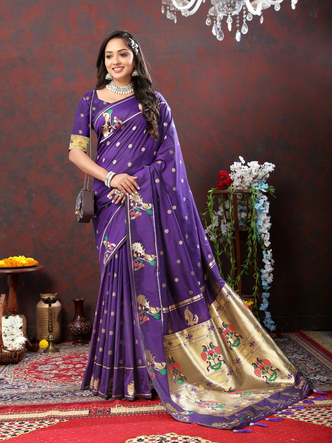 Charismatic Violet Paithani Silk Saree With Splendorous Blouse Piece