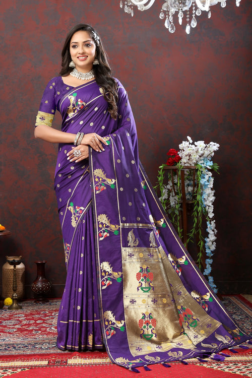 Load image into Gallery viewer, Charismatic Violet Paithani Silk Saree With Splendorous Blouse Piece
